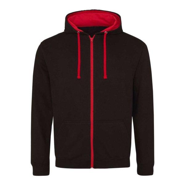 Just Hoods Uniszex pulóver kontrasztos színű cipzárral kapucnival AWJH053,
Jet Black/Fire Red-L