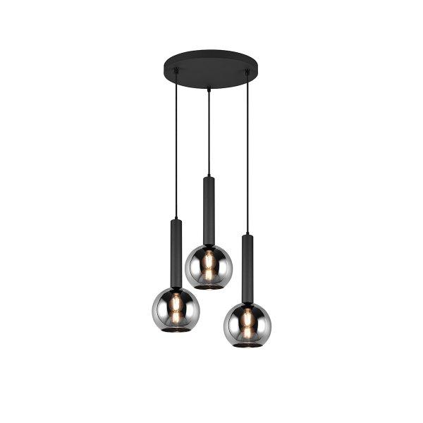 Modern fekete függőlámpa füstüveggel, 3 égős - Clayton