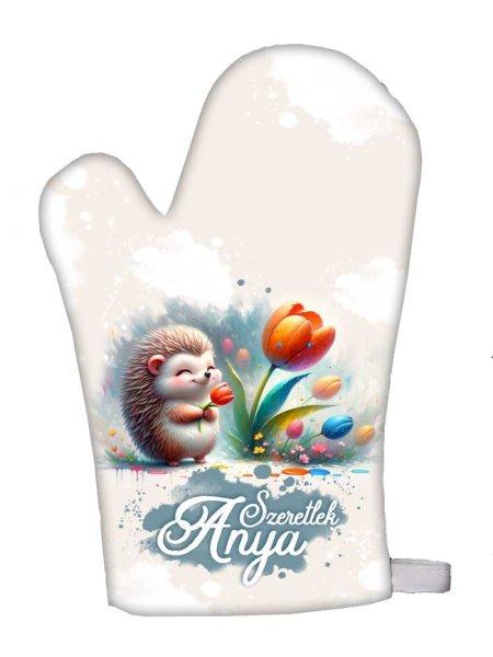 Edényfogó kesztyű, főzőkesztyű, Anyák napja, Süni és tulipán