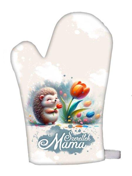 Edényfogó kesztyű, főzőkesztyű, Anyák napja, Süni és tulipán, nagymama