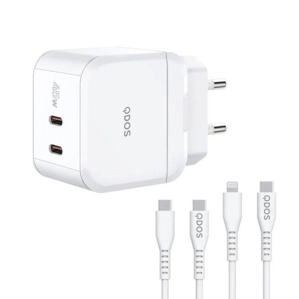 Bliszteres QDOS POWERCUBE TRIO 45W fehér hálózati töltő USB Type-C és
Lightning adatkábellel 3A