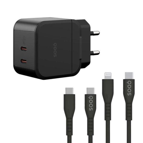 Bliszteres QDOS POWERCUBE TRIO 45W fekete hálózati töltő USB Type-C és
Lightning adatkábellel 3A
