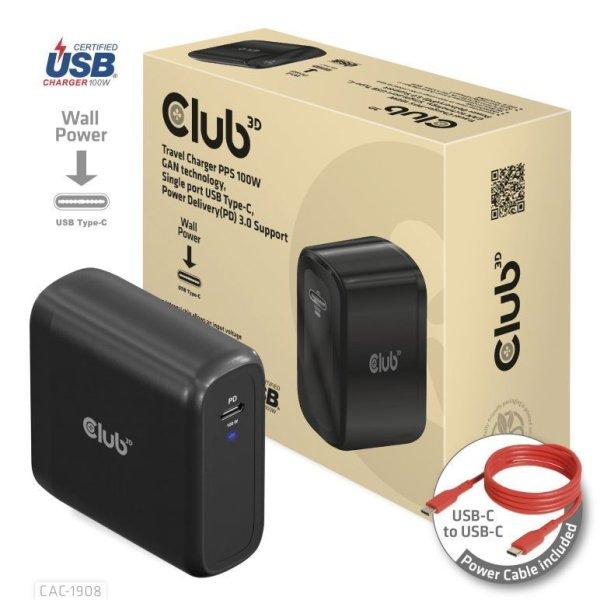 Club3D Travel Charger 100 Watt GAN technology, USB-IF TID certified, Single port
USB Type-C, Power Delivery(PD) 3.0 Support