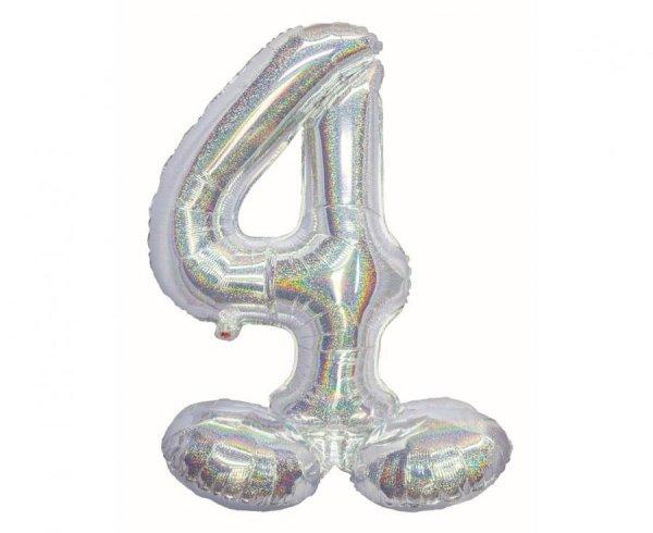 Ezüst Holographic Silver 4-es szám fólia lufi talppal 72 cm