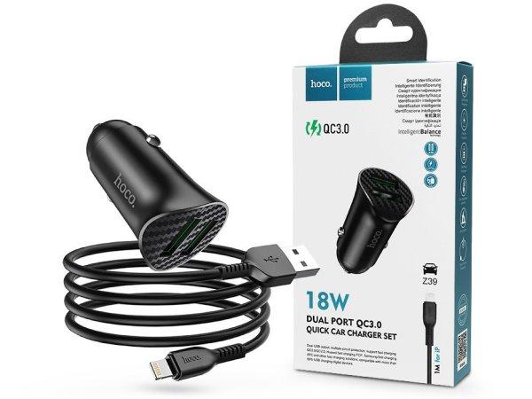 HOCO 2xUSB szivargyújtó töltő adapter + USB - Lightning kábel 1 m-es
vezetékkel - HOCO Z39 Dual Port QC3.0 Quick Car Charger Set - 18W - fekete