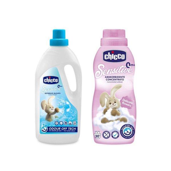 CHICCO Sensitive gyermek mosószer 1,5 l + Koncentrált öblítő Virágos
ölelés 750 ml