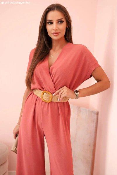 Elegáns jumpsuit dekoratív övvel 5877 modell, antik rózsaszín