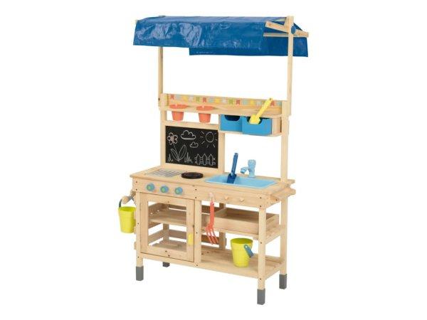PlayTive Mud Kitchen Blue Premium 82 x 135 x 50 cm kültéri - kerti fa
játékkonyha, sárkonyha, babakonyha fából, mosogatóval, főzőlappal,
polcokkal, vödrökkel és rajztáblával, kék ponyva tetővel
