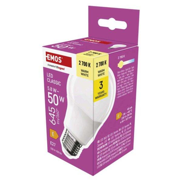 EMOS ZQ5E31, LED izzó Classic A60 / E27 / 5,8 W (50 W) / 645 lm / meleg fehér