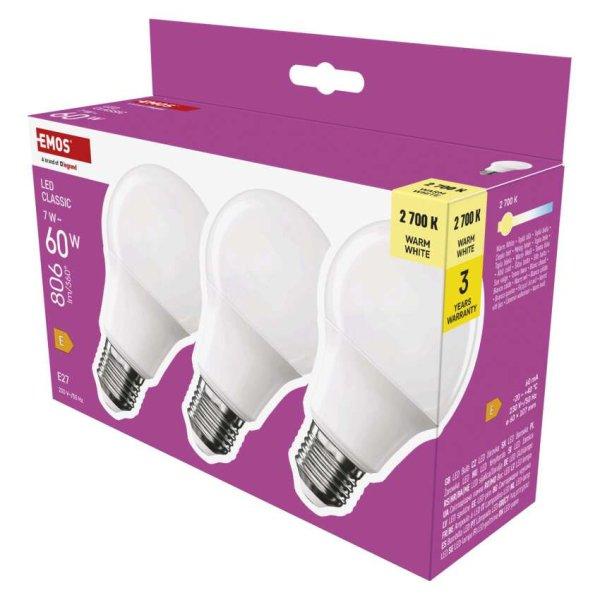 EMOS ZQ5E41-3, LED izzó Classic A60 / E27 / 7 W (60 W) / 806 lm / Meleg fehér