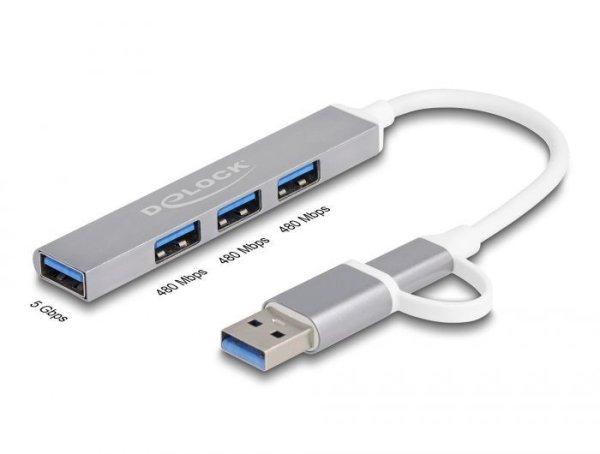 DeLock 4 Port Slim USB Hub with USB Type-C or USB Type-A to 3xUSB 2.0 Type-A
female + 1 x USB 5 Gbps Type-A female Grey