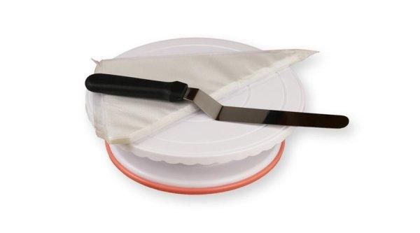 Forgatható tortadíszítő állvány eldobható habzsákkal és 33 cm-es
hajlított spatulával fondant mintázó szett