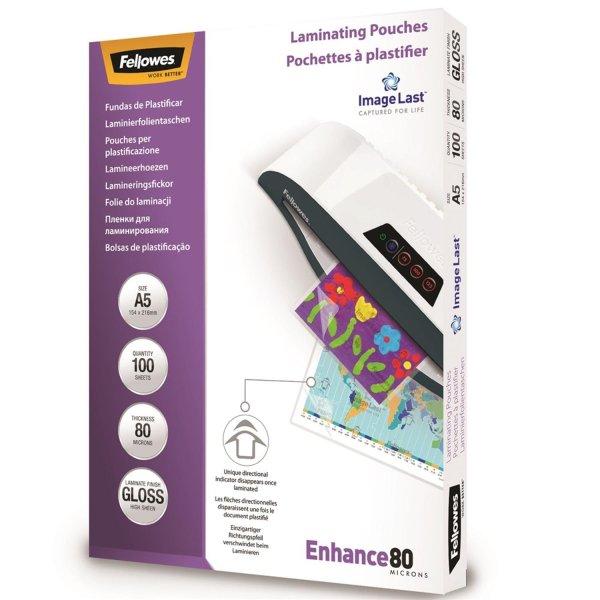 Lamináló fólia, A5, 80 mikron, fényes, 100 db/doboz, Fellowes®