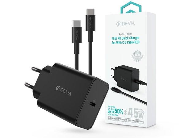 Devia Rocket Series 45W PD+QC gyorstöltő adapter + Type-C/Type-C kábel -
fekete