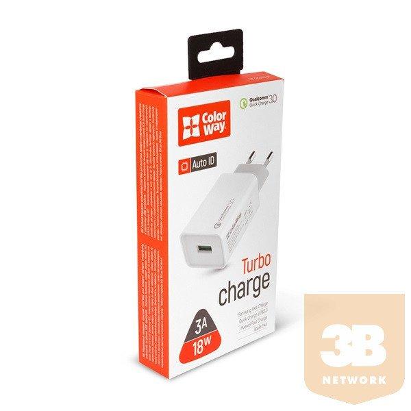 COLORWAY Hálózati töltő 1xUSB, Quick Charge 3.0, 3 A, 18W, fehér
(CW-CHS013Q-WT)