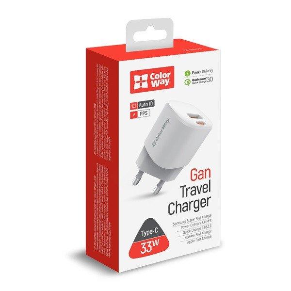COLORWAY USB töltő adapter, GaN3 Power Delivery Port PPS USB (Type-C PD + USB
QC3.0) (33W) fehér (CW-CHS043PD-WT)