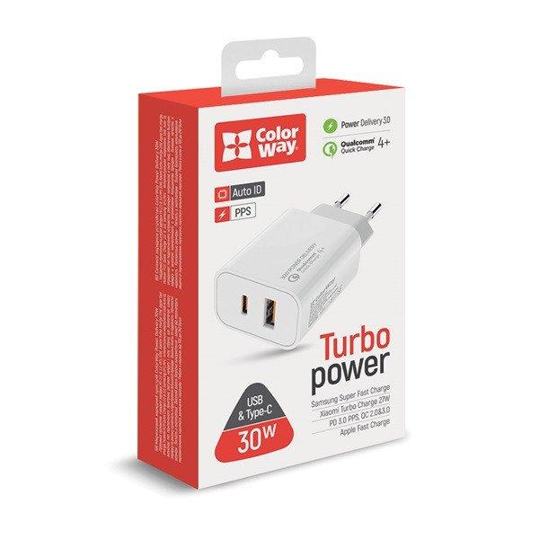 COLORWAY USB töltő adapter, Power Delivery Port PPS USB (Type-C PD + USB
QC3.0) (30W) white (CW-CHS037PD-WT)