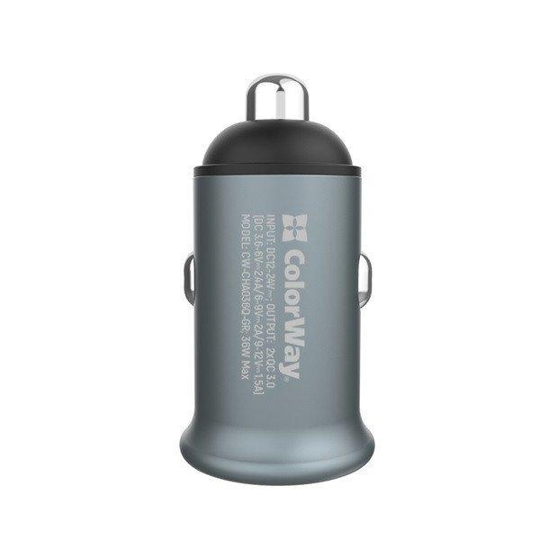 COLORWAY Autós töltő, CW-CHA036Q-GR 2USB Quick Charge 3.0 (36W) szürke