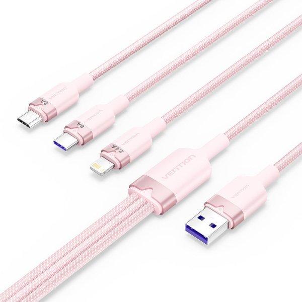 Vention USB 2.0 A Male to 3-in-1 USB-C & Lightning & Micro-B Male 6A Cable 1,5m
Pink