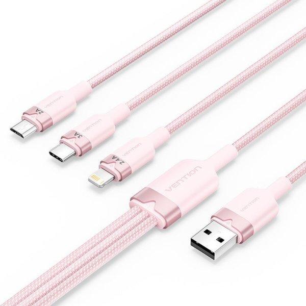 Vention USB 2.0 A Male to 3-in-1 USB-C & Lightning & Micro-B Male 3A Cable 1,5m
Pink