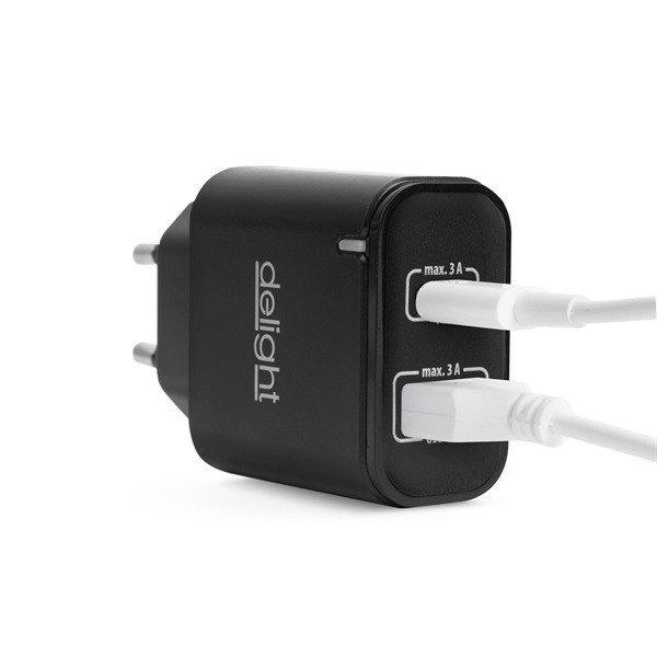 Delight Telefon töltő - 1db Type-C + 1db USB PD20W gyorstöltéssel, Fekete