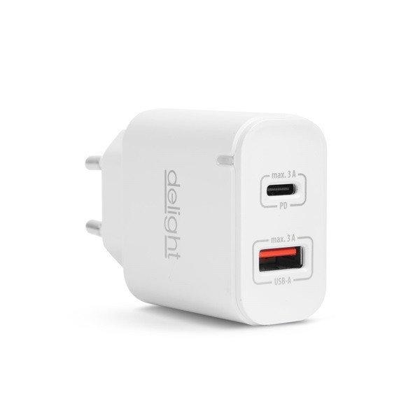 Delight Telefon töltő - 1db Type-C + 1db USB PD20W gyorstöltéssel, Fehér