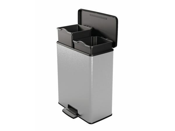 Pedálos szemetes, újrahasznosított műanyag, kivehető vödörrel, 2x26 l,
CURVER "Deco bin duo", fekete/ezüst