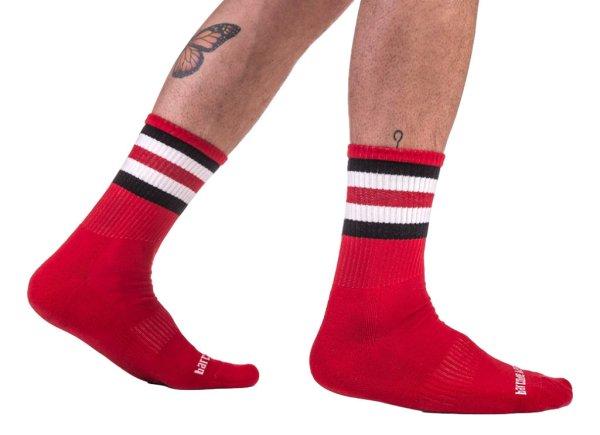 PandaSocks - csíkos fél zokni piros-fekete-fehér kombinációban