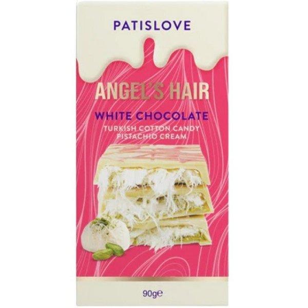 Patislove Angels Hair White Chocolate Angyalhaj pisztáciakrémmel és
vattacukorral töltött Dubia fehér csokoládé 90g