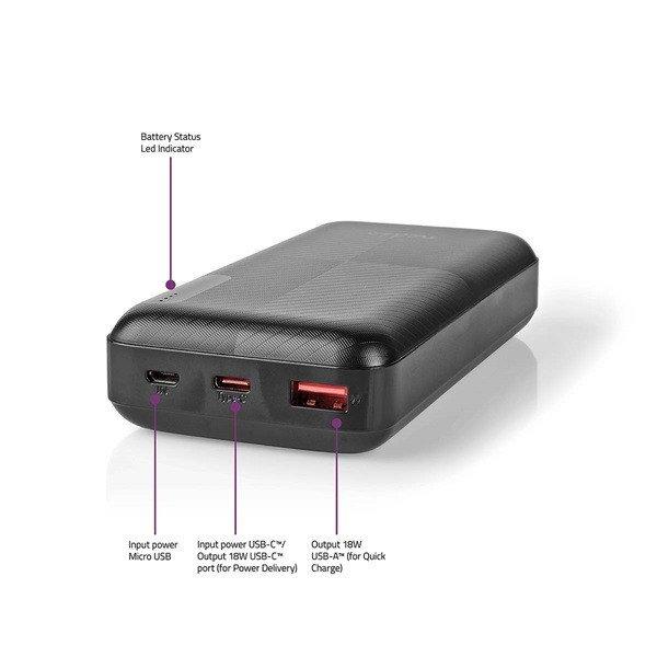 Nedis UPBKPD20000BK hordozható külső akkumulátor, powerbank 20000mAh