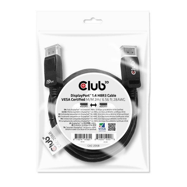 Club 3D Kábel - CAC-2068 (DisplayPort 1.4, M/M, 28AWG, HBR3, VESA
tanúsítvánnyal, 8K60Hz, 2m)