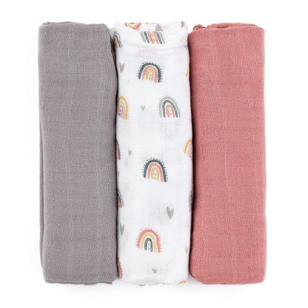 Petite&Mars Bambusz muszlin 3db-os pelenka szett, Moussy Rose Rainbows, 68 x 68
cm