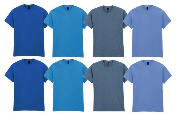 8 db-os, 4 színes csomagban Gildan kereknyakú pamut póló, Carolina Blue,
Royal, Indigo Blue, Sapphire-5XL