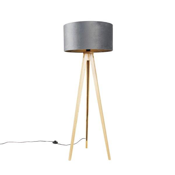 Állólámpa fa talppal, szürke szövetbúrával 50 cm - Tripod Classic