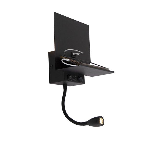 Modern fali lámpa fekete USB-vel és rugalmas karral - Flero
