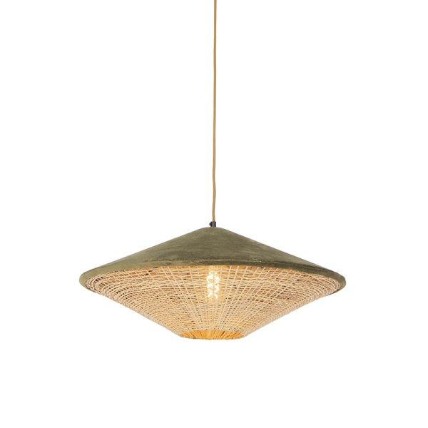 Rusztikus lógólámpa zöld bársony és rattan 60 cm - Frills Can