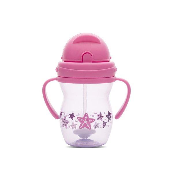 Baby Care szívószálas itató fogantyúval 275ml - Pink/Purple