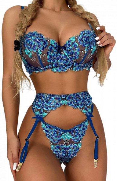 Blue Floral Lace Underwire Garter Bra Set M-L