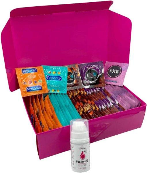 Ízesített óvszerkészlet – Tasty pack (72 db) + SE málnás síkosító
gél 15 ml + szilikon bilincs Bilincs