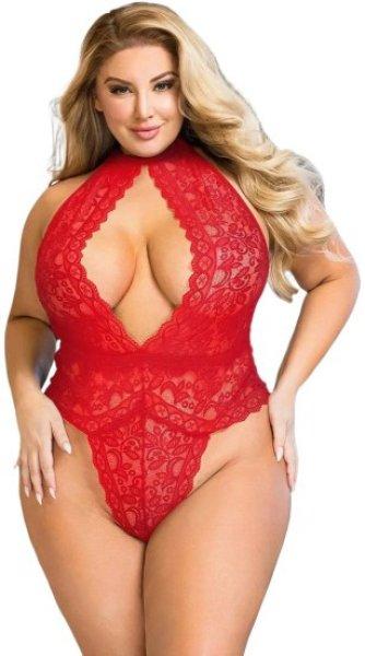 Sexy Elephant Plus Size Red Exquisite Lace Open Cup Teddy, XL–XXL