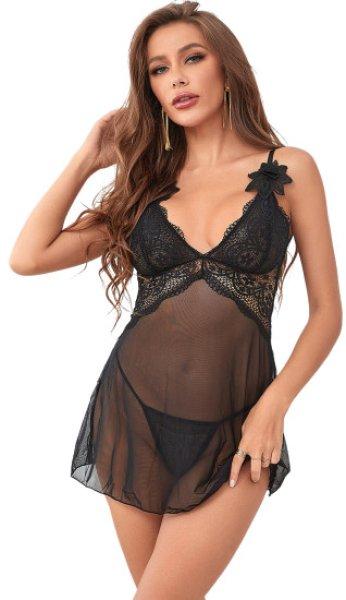 Sexy Elephant V Neck Black Lace Stitching Strap with Flower Babydoll XS/S