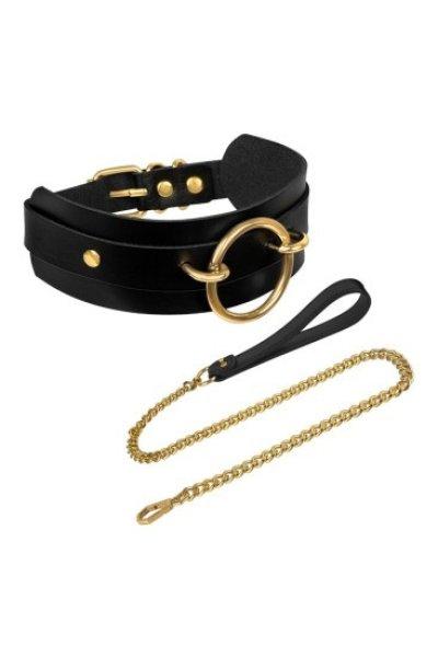 KINKY DIVA O-RING FRONT COLLAR + LEASH BLACK/GOLD