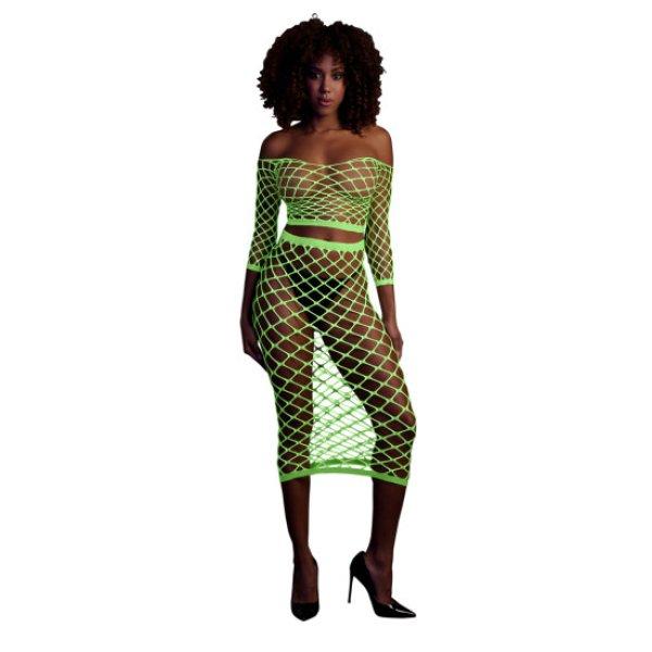 Ouch! Glow in the Dark Long Sleeve Crop Top and Long Skirt Neon Green