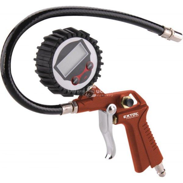 EXTOL PREMIUM gumiabroncs fúvató pisztoly, digitális manométerrel, max.13
Bar, 1/4' tömlőcsatlakozó, 85-142 l/perc, 2×1,5V AAA e
