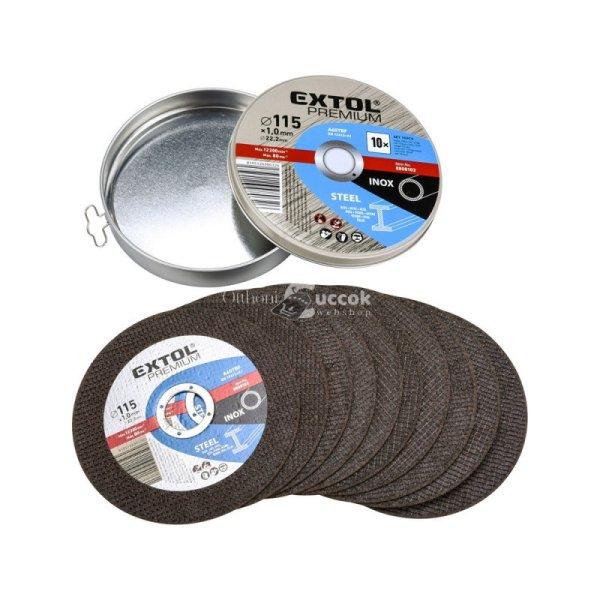 EXTOL PREMIUM vágókorong 10 db, acélhoz/inoxhoz, kék; 125×1×22,2mm, max
12200 ford/perc, fémdobozban