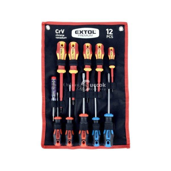 EXTOL PREMIUM csavarhúzó klt. szigetelt 1000V+nem szigetelt, 6+5db ;
fáziskeresővel, műanyag kínáló+nylon tok