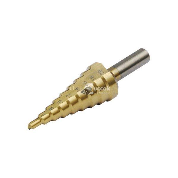 EXTOL CRAFT lépcsős fémfúró, 9 lépcsős; (4-12mm, 1mm lépcsők),
befogás: 10mm, max. 4mm vastag anyagokhoz, TiN bevonat