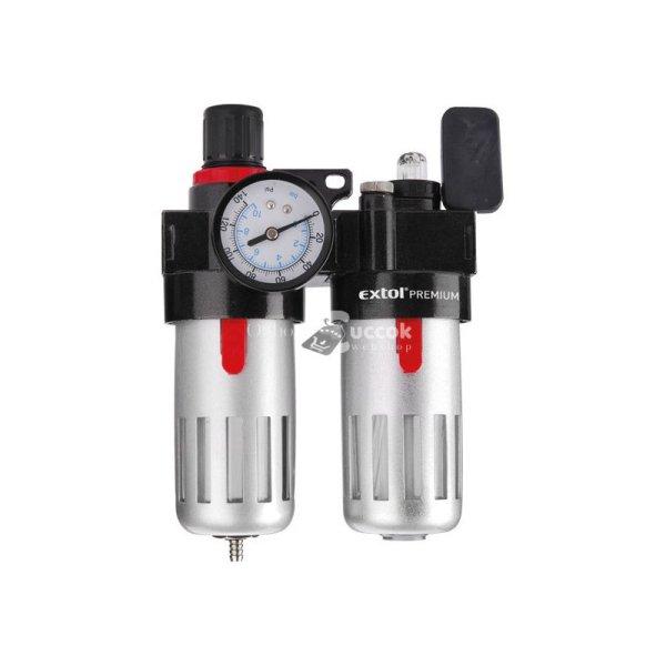 EXTOL PREMIUM levegőelőkészítő (légszűrő nyomásszabályozóval,
olajozóval ésmanométerrel),max.8Bar,1/4',max.60°C,90ml szűrő&90mlo