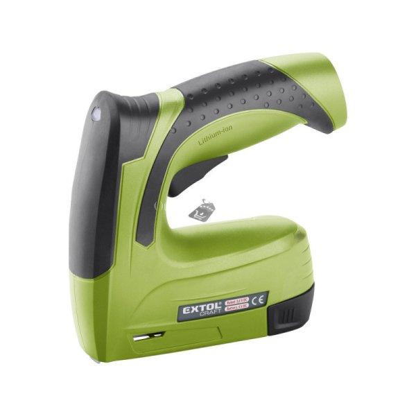 EXTOL CRAFT akkus tűzőgép, Li-ion; 4V, 1300 mAh, kapcsok: 6-14mm
(11,3×0,7mm), szegek:6-14mm (1,2×1,0-2,0), max. 30 lövés/perc