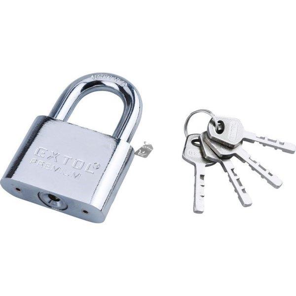 EXTOL PREMIUM lakat, vas, nikkel, 4db kulcs; 60mm, edzett acél kengyel,
szárátmérő: 11mm